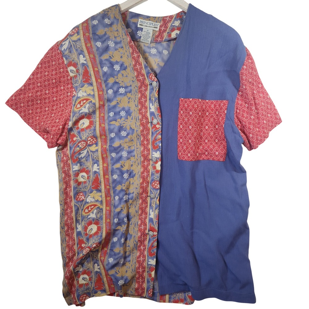 Principles Collections Vintage‎ Mixed Print Rayon Button Up Top Blue Red 10